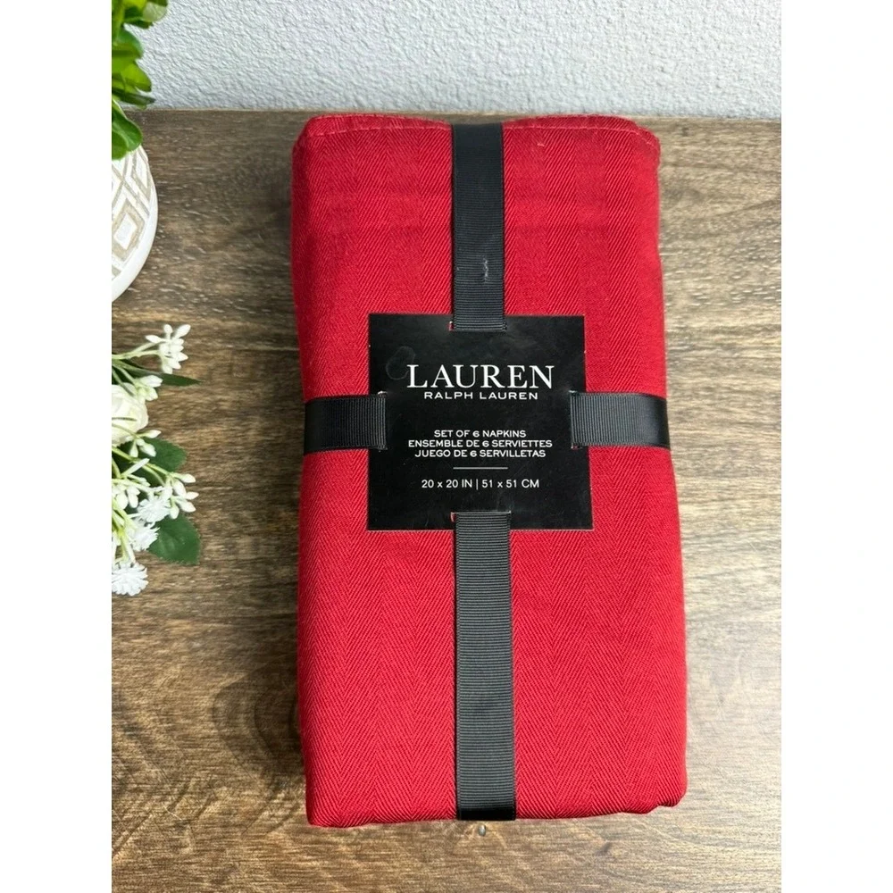 Lauren Ralph Lauren Red Herringbone Cloth Napkins Set of 6 Holiday 20x20 New